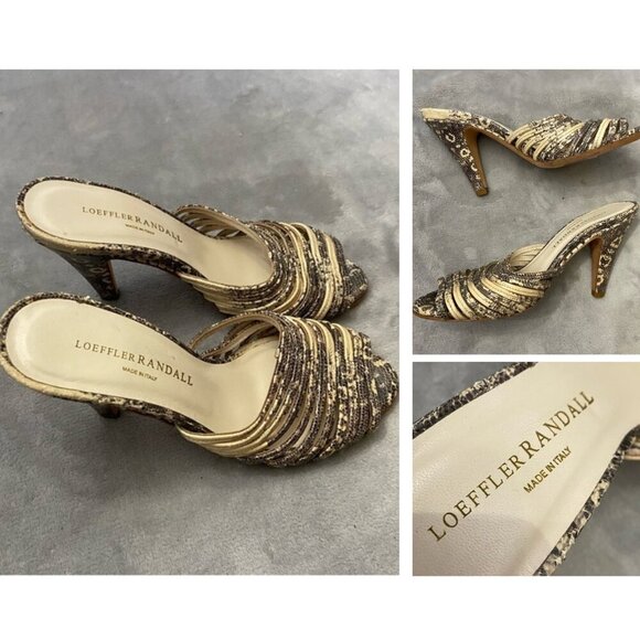 Loeffler Randall Gold/Black Snake Print Strappy Heels Slide Sandals Size 6.5 - Picture 1 of 9
